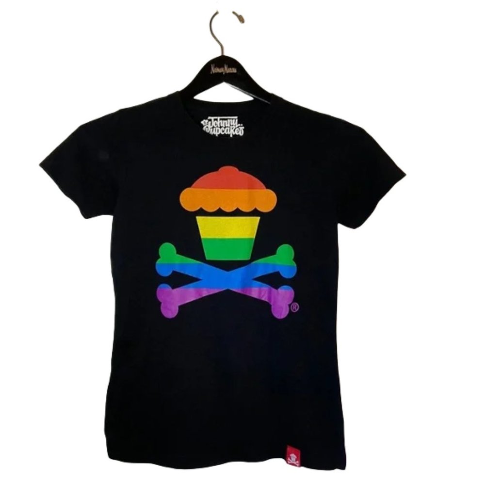 Johnny Cupcakes Womens Shirt Small Black Rainbow Pride LGBTQ Cupcake Crossbones